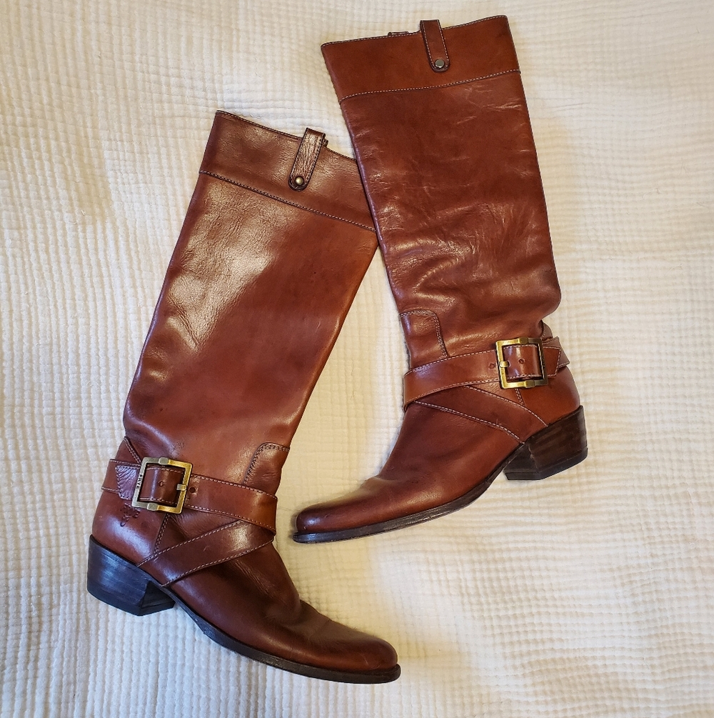 Frye Brown Leather Knee-High Boots with Buckles